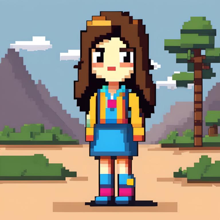 Pixel Art,Pixel Art, People, girl, 1girl, solo, brown hair, outdoors, tree, long hair, multicolored clothes