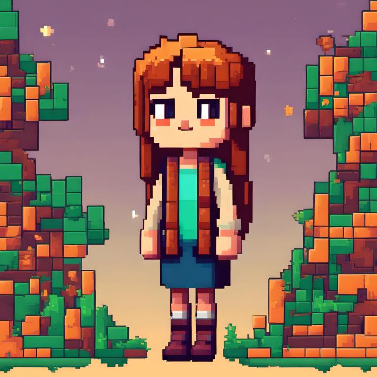 Pixel Art,Pixel Art, People, girl, 1girl, solo, long hair, brown footwear, brown hair, skirt, smile, standing