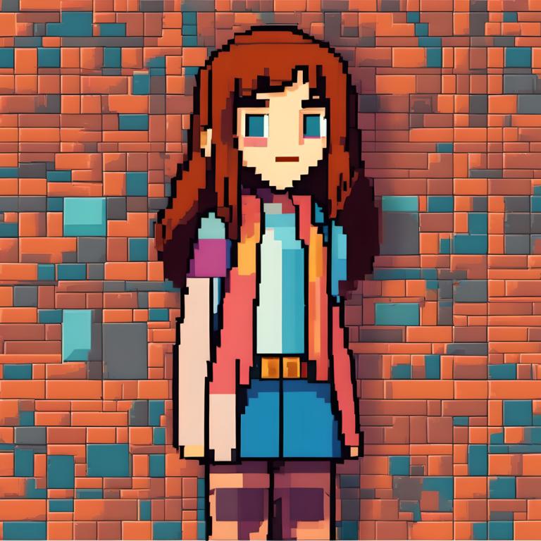 Pixel Art,Pixel Art, People, girl, 1girl, brick wall, solo, brown hair, long hair, pantyhose, skirt