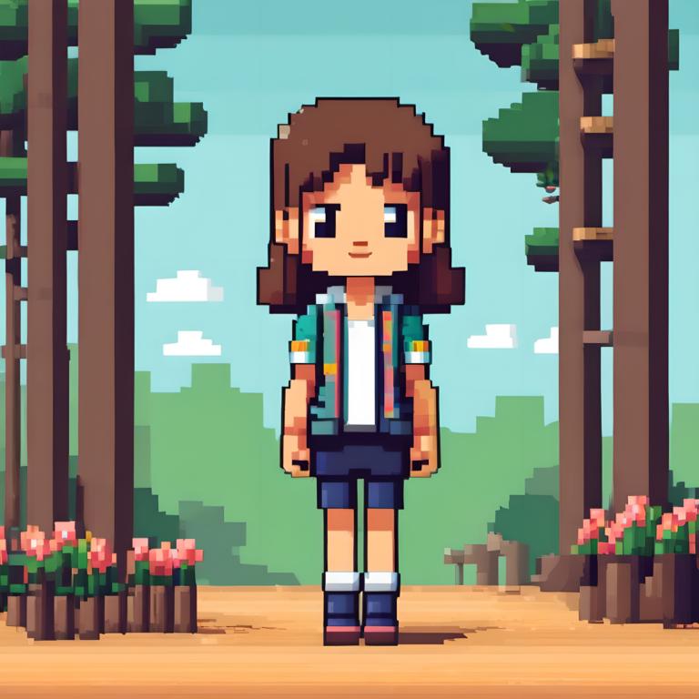 Pixel Art,Pixel Art, People, girl, 1girl, solo, brown hair, shirt, smile, outdoors, shorts, flower, standing