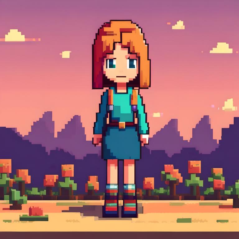 Pixel Art,Pixel Art, People, girl, 1girl, solo, skirt, outdoors, striped, cloud, shirt, sunset, standing