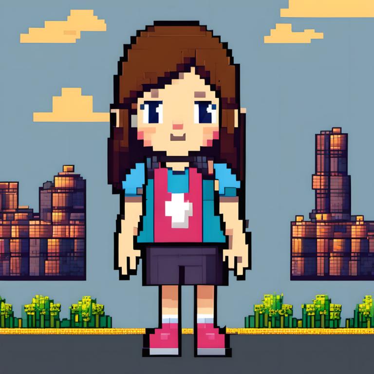 Pixel Art,Pixel Art, People, girl, 1girl, brown hair, solo, shirt, shorts, long hair, pink footwear, cloud