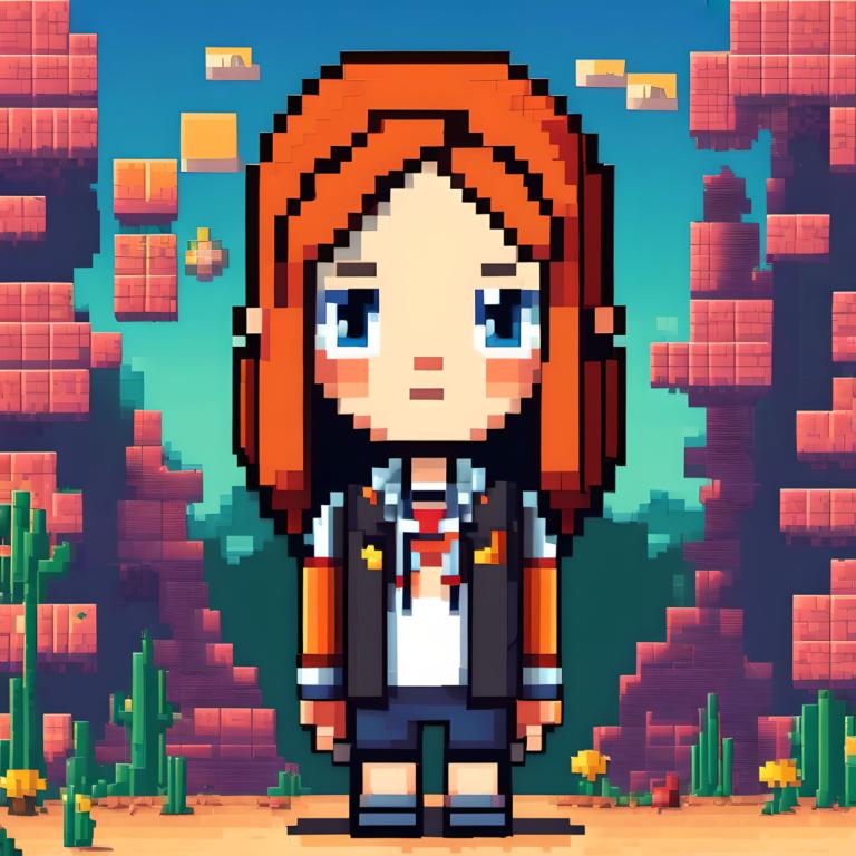 Pixel Art,Pixel Art, People, girl, solo, blue eyes, shirt, vest, 1girl, outdoors, orange hair, standing