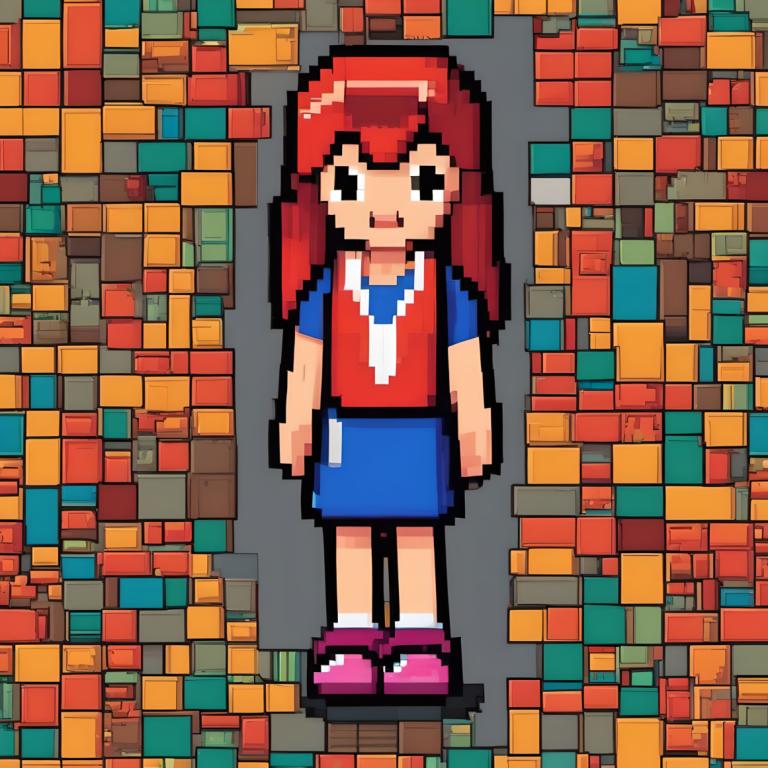 Pixel Art,Pixel Art, People, girl, 1girl, solo, shirt, red hair, long hair, smile, pink footwear, black eyes