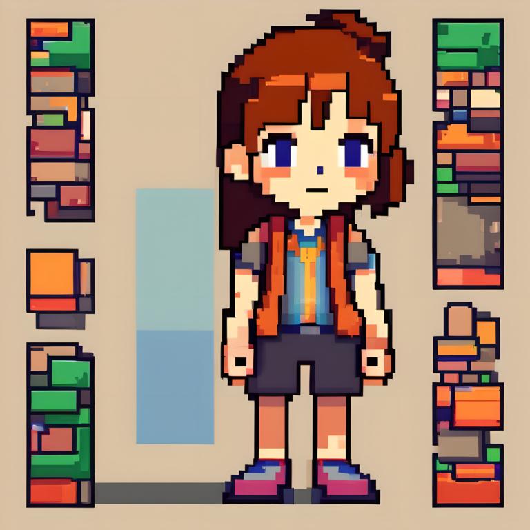 Pixel Art,Pixel Art, People, girl, brown hair, solo, shorts, shirt, blue eyes, standing, 1girl, black shorts