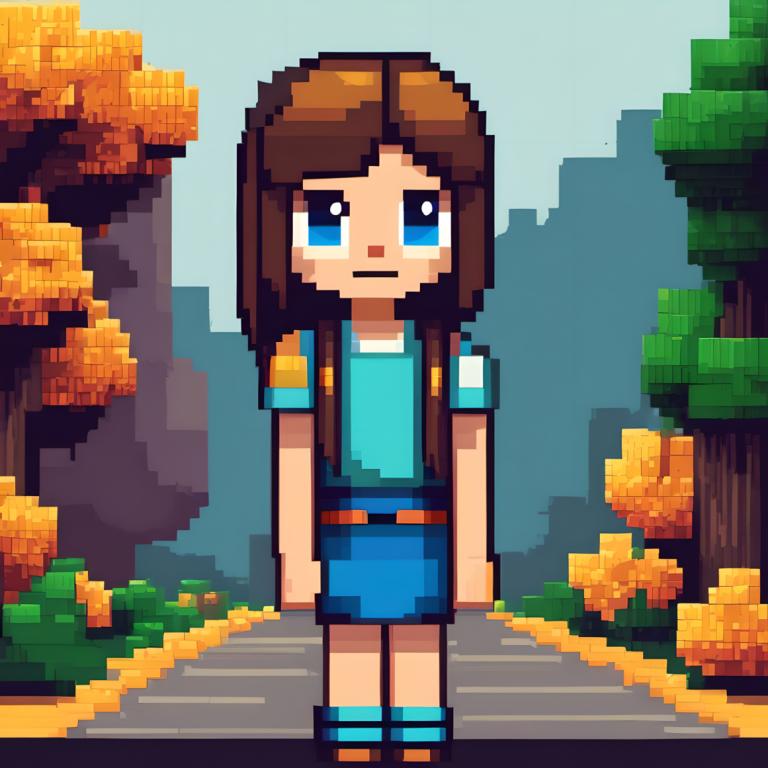 Pixel Art,Pixel Art, People, girl, 1girl, brown hair, solo, blue eyes, shirt, tree, outdoors, long hair