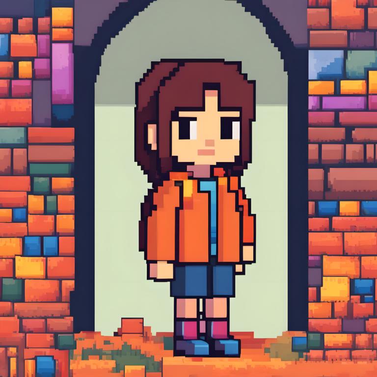 Pixel Art,Pixel Art, People, girl, 1girl, brown hair, solo, shirt, black eyes, standing, shorts