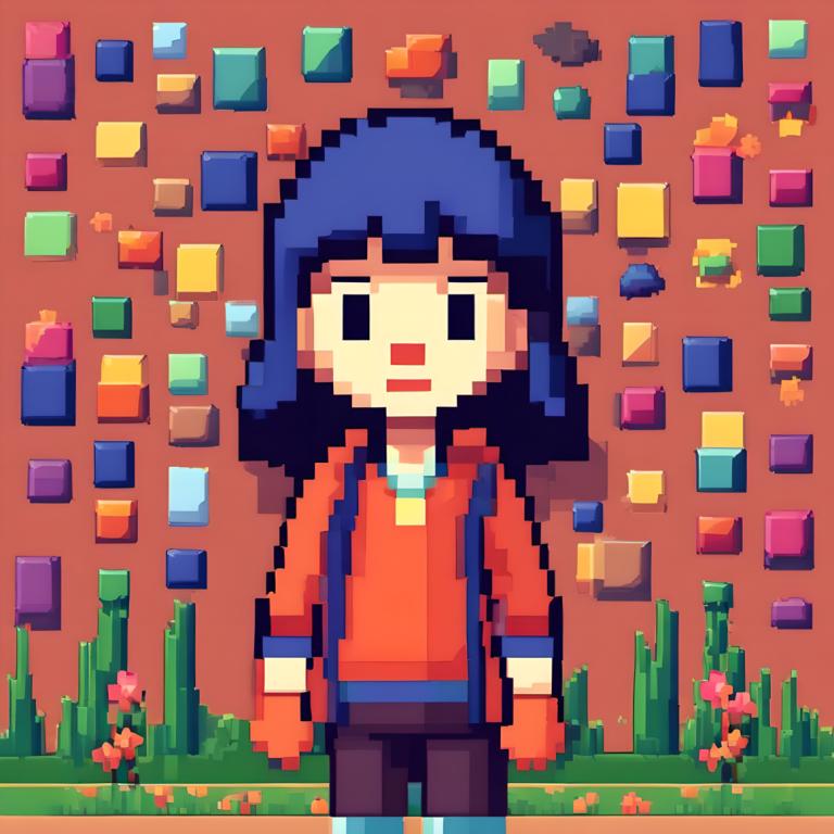 Pixel Art,Pixel Art, People, girl, solo, 1girl, flower, blue hair, black eyes, gloves, open mouth, bangs