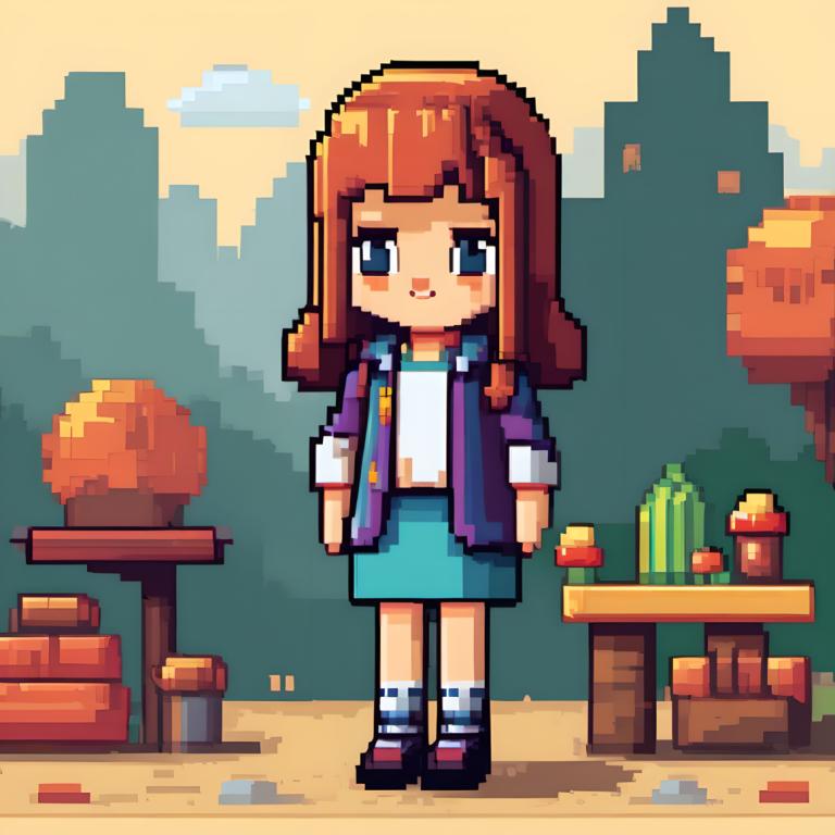 Pixel Art,Pixel Art, People, girl, 1girl, solo, brown hair, skirt, blue eyes, outdoors, purple jacket