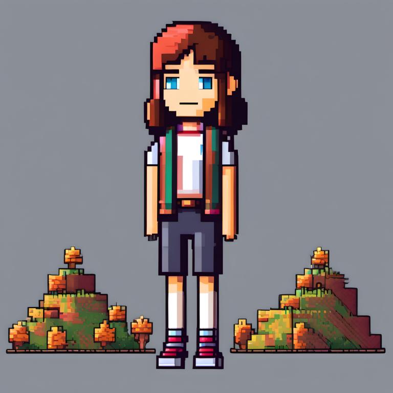 Pixel Art,Pixel Art, People, girl, solo, brown hair, blue eyes, shorts, grey background, 1girl, shirt