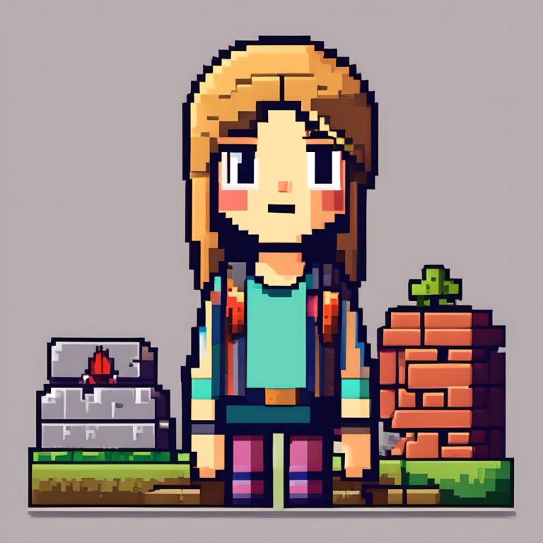 Pixel Art,Pixel Art, People, girl, 1girl, solo, brown hair, grey background, long hair, shirt, bag