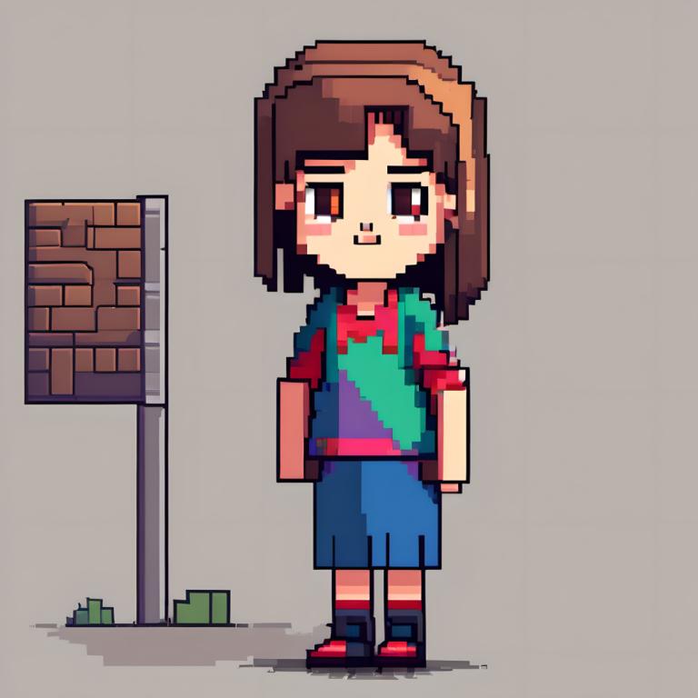 Pixel Art,Pixel Art, People, girl, shirt, brown hair, solo, 1girl, grey background, striped, shorts