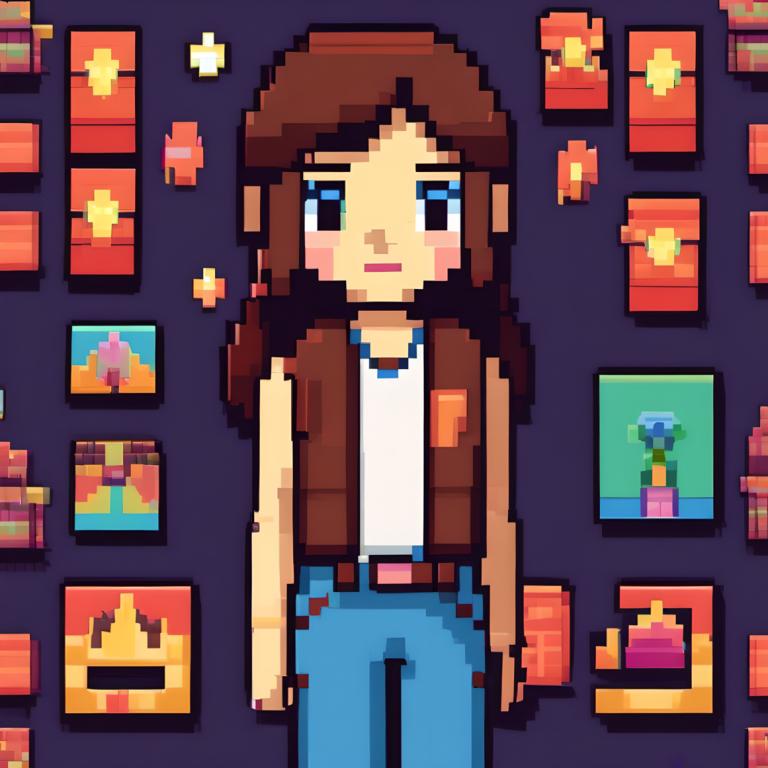 Pixel Kunst,Pixel Kunst, Menschen, Mädchen, braune Haare, Solo, 1Mädchen, Hose, Gürtel, Hemd, lange Haare