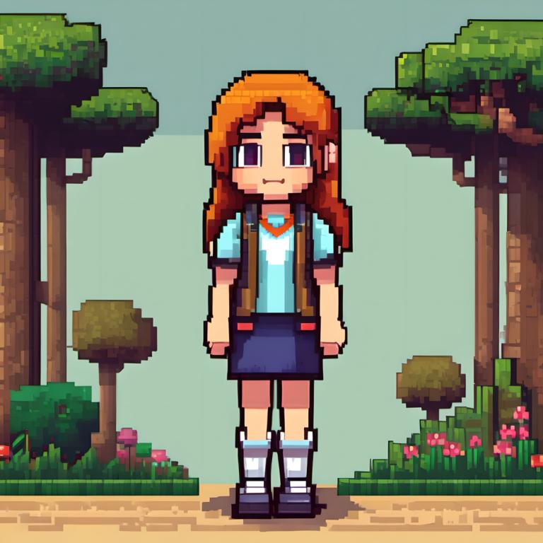 Pixel Art,Pixel Art, People, girl, 1girl, solo, outdoors, shirt, skirt, orange hair, standing, long hair