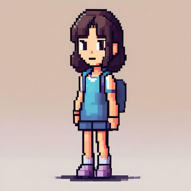 Pixel Art,Pixel Art, People, girl, 1girl, solo, backpack, bag, brown hair, full body, shirt, standing, shorts