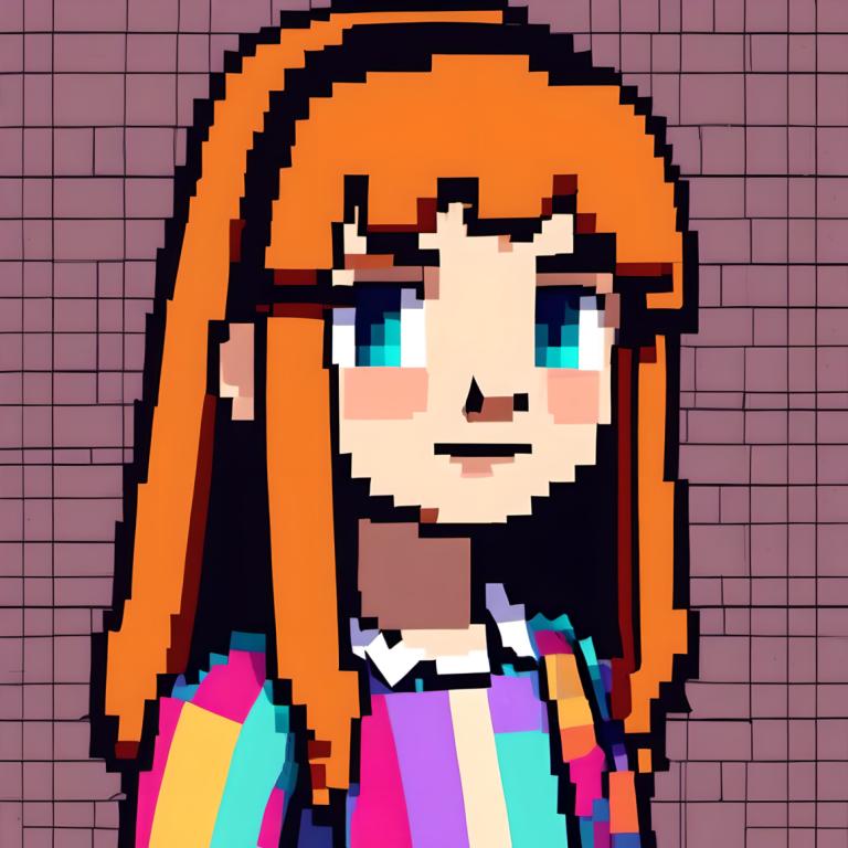 Pixel Art,Pixel Art, People, girl, solo, 1girl, long hair, orange hair, blue eyes, shirt, upper body