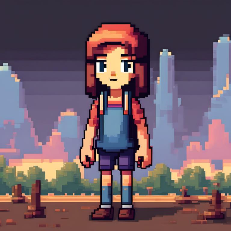 Pixel Art,Pixel Art, People, girl, solo, brown footwear, shirt, brown hair, standing, 1girl, shorts, socks