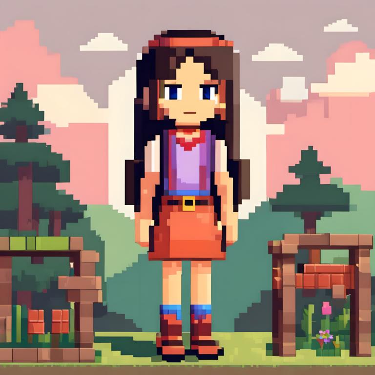 Pixel Art,Pixel Art, People, girl, 1girl, solo, blue eyes, skirt, long hair, fence, cloud, tree, outdoors