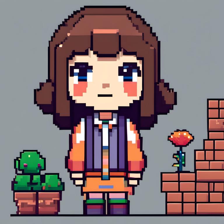 Pixel Art,Pixel Art, People, girl, 1girl, brown hair, flower, blue eyes, grey background, solo