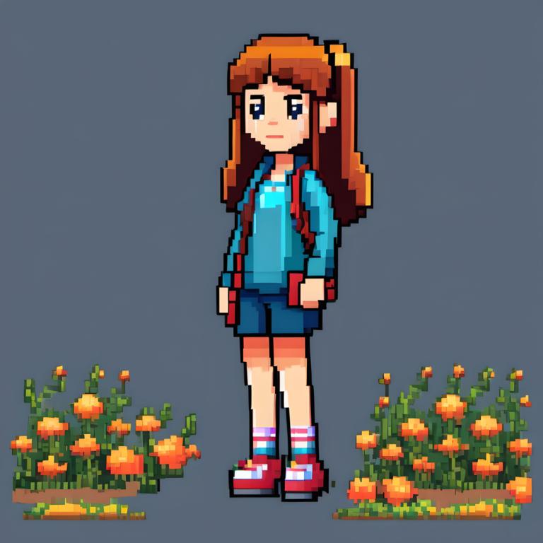 Pixel Art,Pixel Art, People, girl, 1girl, solo, grey background, red footwear, brown hair, shorts