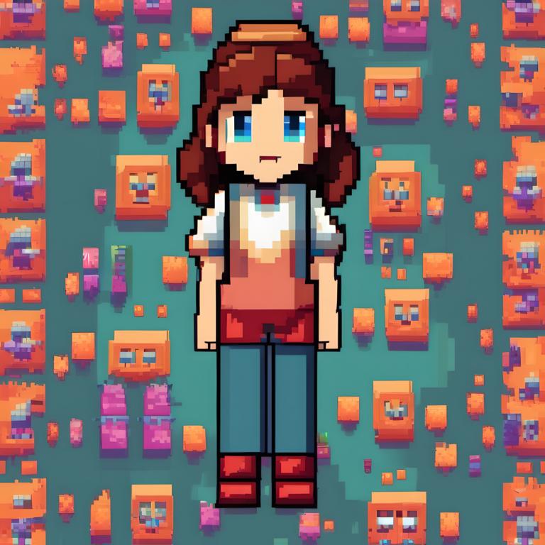 Pixel Kunst,Pixel Kunst, Menschen, Mädchen, 1Mädchen, braune Haare, blaue Augen, rotes Schuhwerk, Solo, Hemd