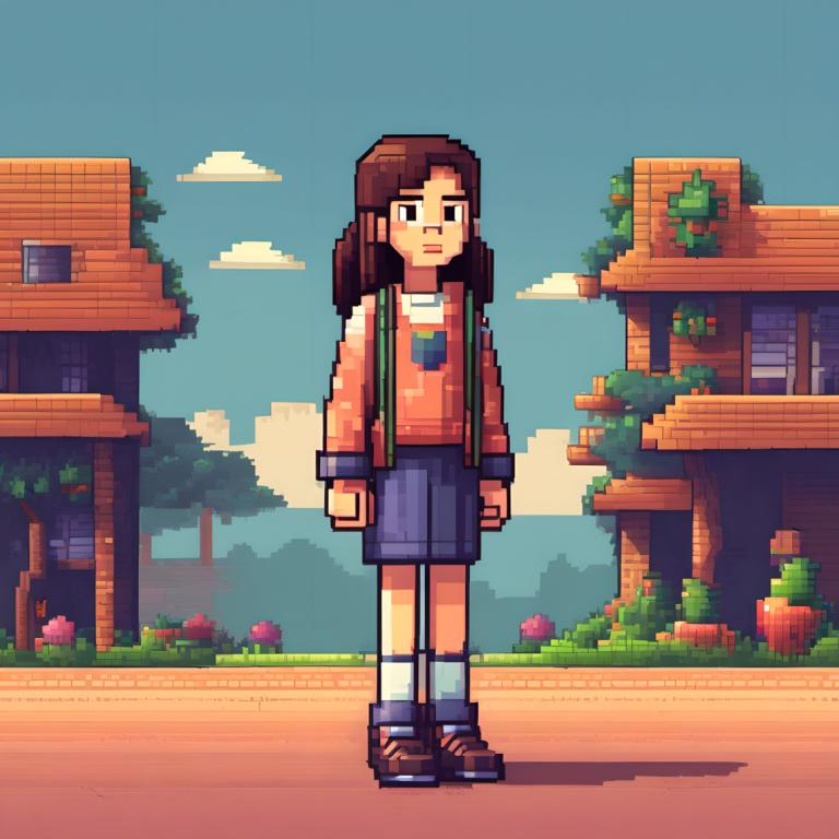 Pixel Art,Pixel Art, People, girl, solo, 1girl, brown hair, outdoors, brown footwear, cloud, sky, day, shirt