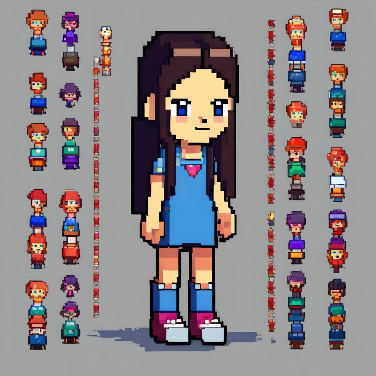 Pixel Art,Pixel Art, People, girl, multiple girls, long hair, blue eyes, grey background, dress, brown hair