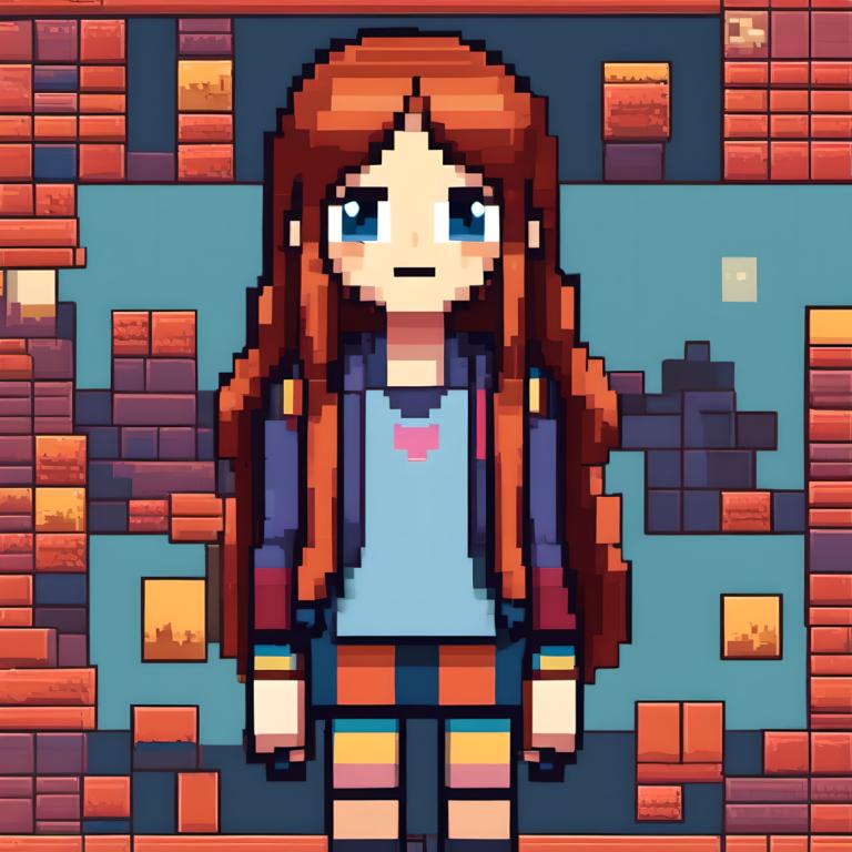 Pixel Art,Pixel Art, People, girl, 1girl, solo, long hair, brown hair, blue eyes, shirt, looking at viewer