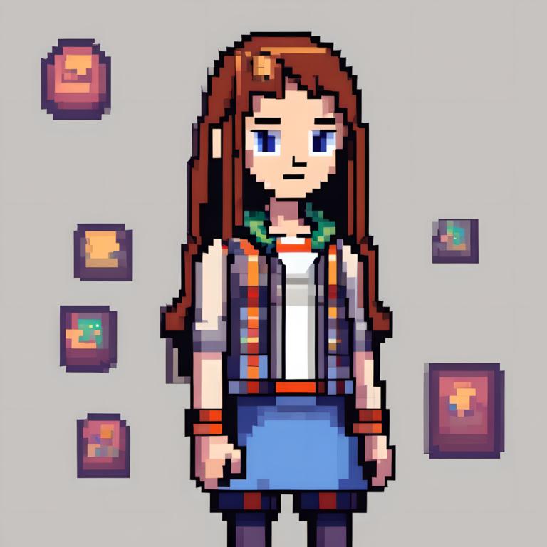 Pixel Art,Pixel Art, People, girl, 1girl, brown hair, solo, long hair, skirt, pantyhose, blue eyes