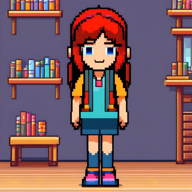 Pixel Art,Pixel Art, People, girl, 1girl, solo, blue eyes, bookshelf, shirt, red hair, socks, long hair