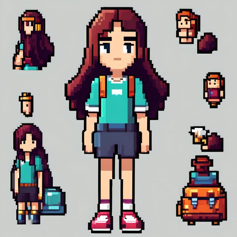 Pixel Art,Pixel Art, People, girl, shirt, long hair, brown hair, grey background, shorts, 1girl, red footwear