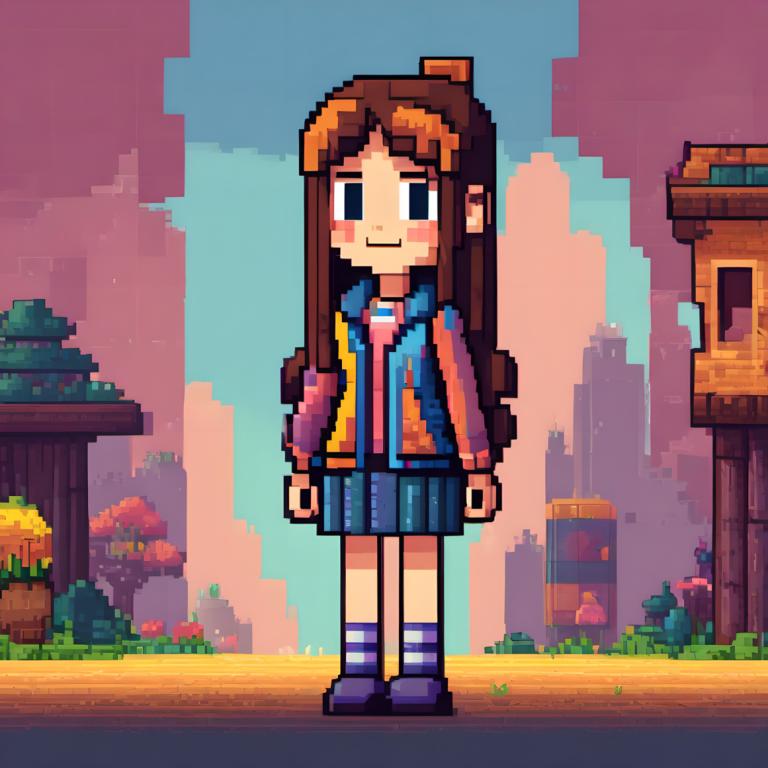 Pixel Art,Pixel Art, People, girl, 1girl, solo, brown hair, skirt, long hair, outdoors, socks, pleated skirt