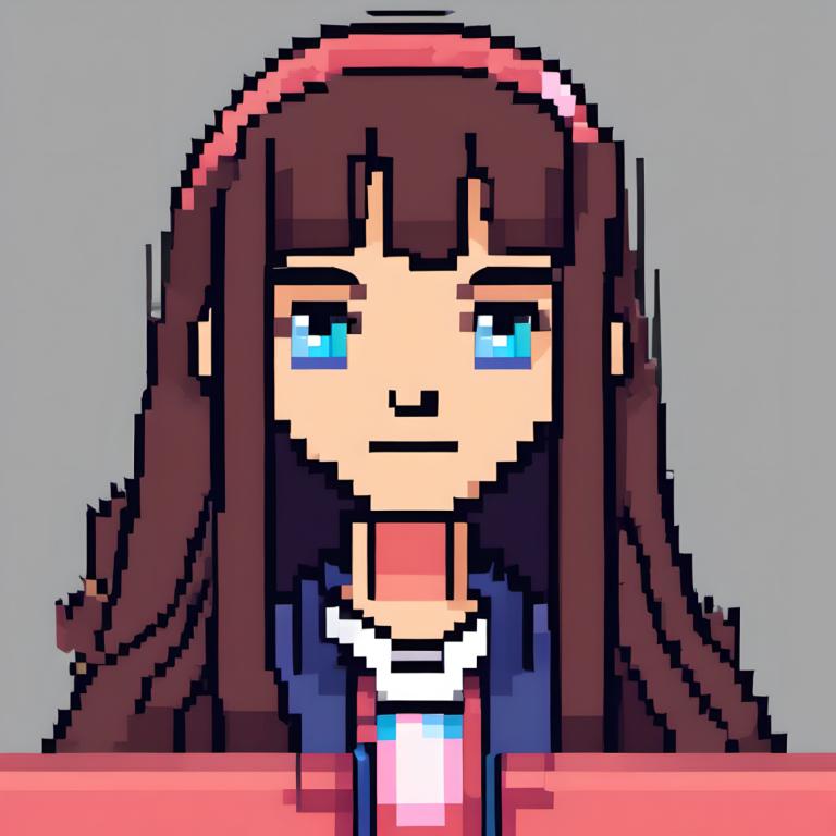 Pixel Art,Pixel Art, People, girl, 1girl, solo, brown hair, blue eyes, long hair, grey background