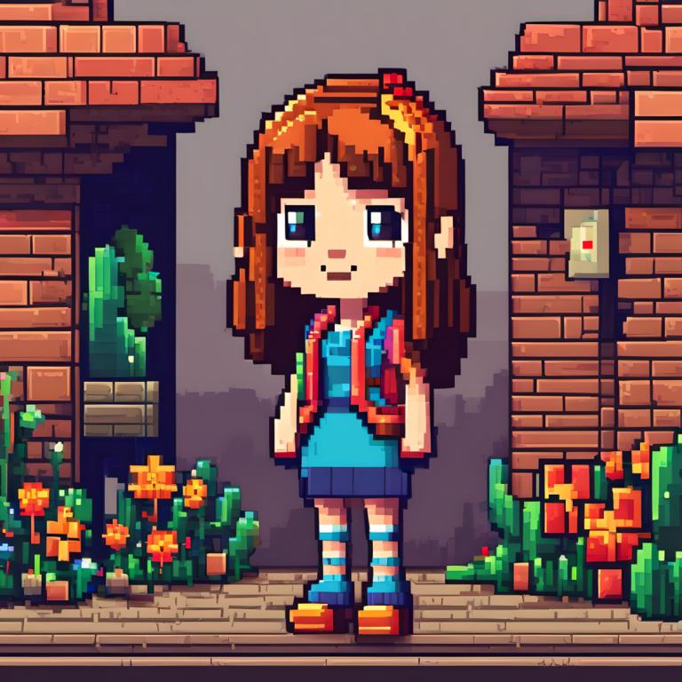 Pixel Art,Pixel Art, People, girl, 1girl, solo, brown hair, striped, flower, blue eyes, long hair, bag