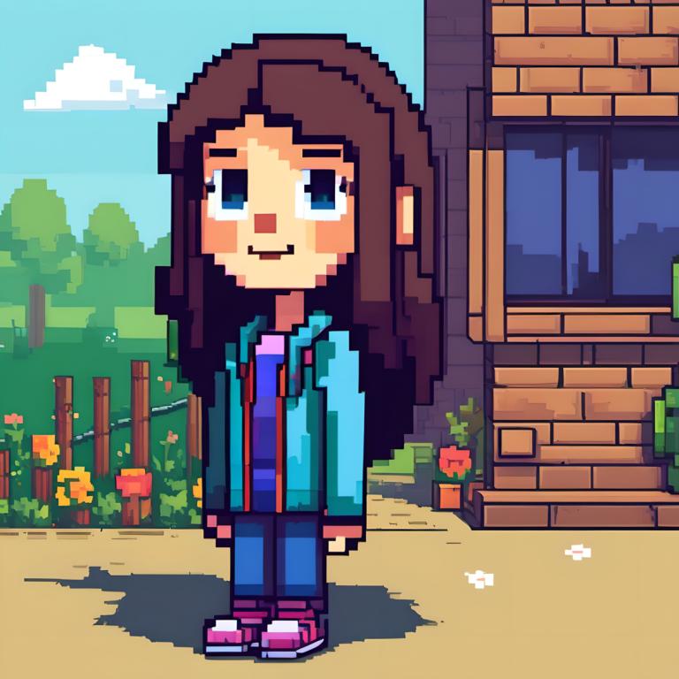 Pixel Art,Pixel Art, People, girl, solo, 1girl, brown hair, blue eyes, outdoors, long hair, shoes, shirt