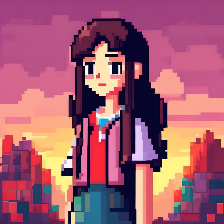 Pixel Art,Pixel Art, People, girl, 1girl, solo, long hair, brown hair, skirt, shirt, short sleeves, sunset