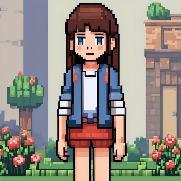 Pixel Art,Pixel Art, People, girl, red shorts, solo, brown hair, blue eyes, 1girl, shorts, flower, shirt