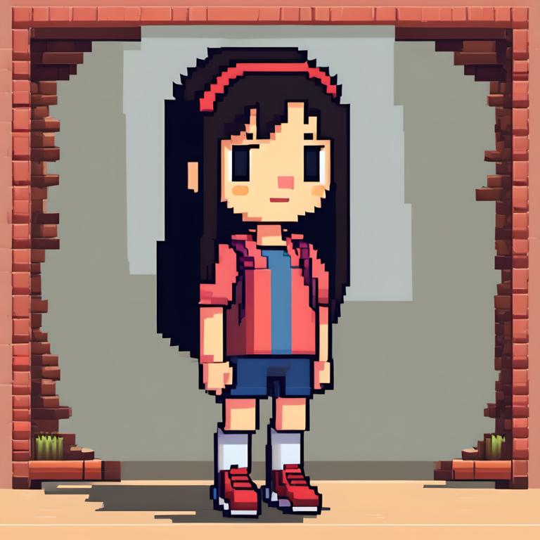 Pixel Art,Pixel Art, People, girl, 1girl, solo, long hair, shorts, red footwear, black hair, shirt, hairband