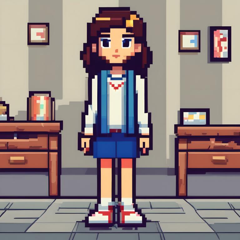 Pixel Art,Pixel Art, People, girl, 1girl, solo, brown hair, indoors, shorts, shirt, standing, white shirt