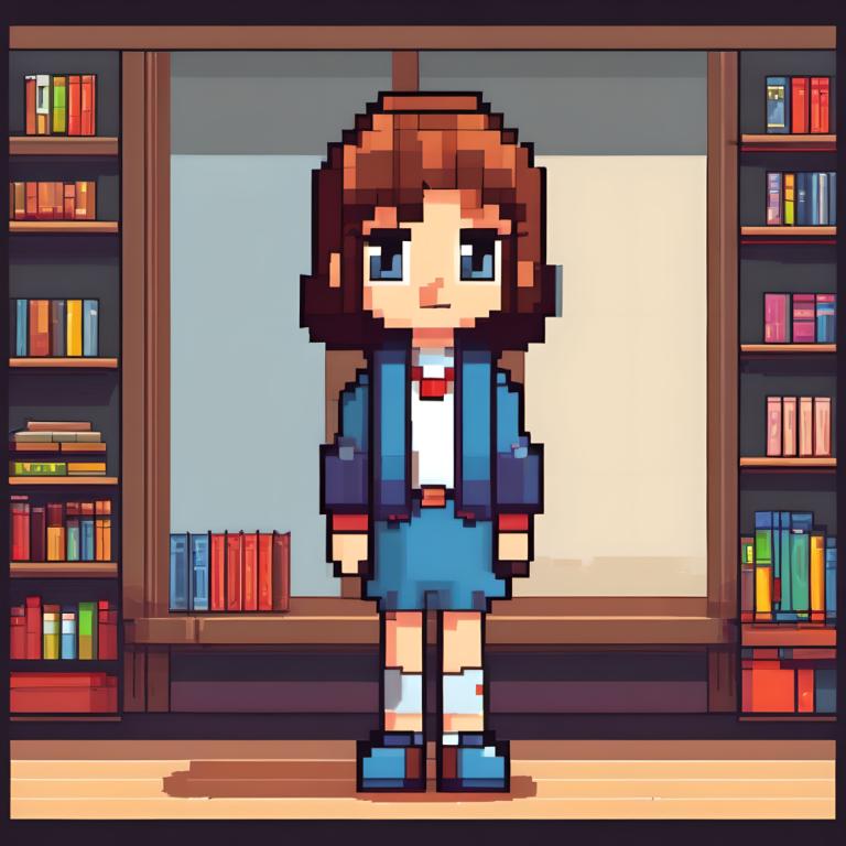 Pixel Art,Pixel Art, People, girl, 1girl, solo, brown hair, bookshelf, blue eyes, book, jacket, skirt, shirt