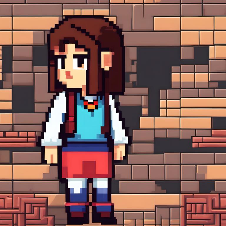 Pixel Art,Pixel Art, People, girl, 1girl, solo, brown hair, shirt, skirt, long sleeves, backpack, brown eyes