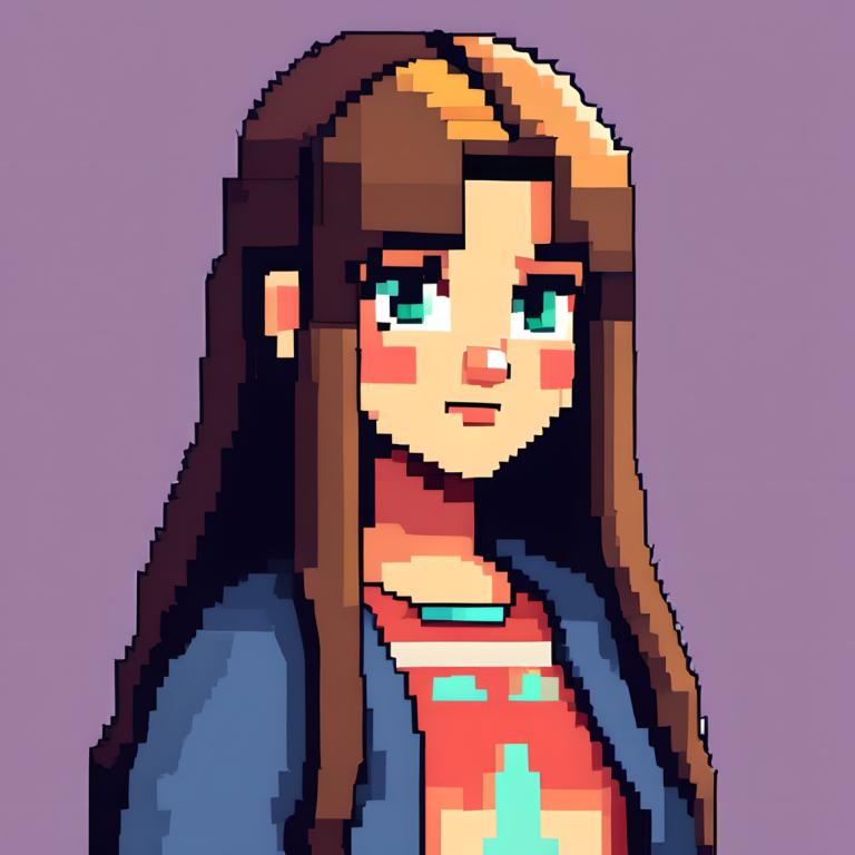 Pixel Kunst,Pixel Kunst, Menschen, Mädchen, Solo, 1Mädchen, braune Haare, lange Haare, Hemd, lila Hintergrund