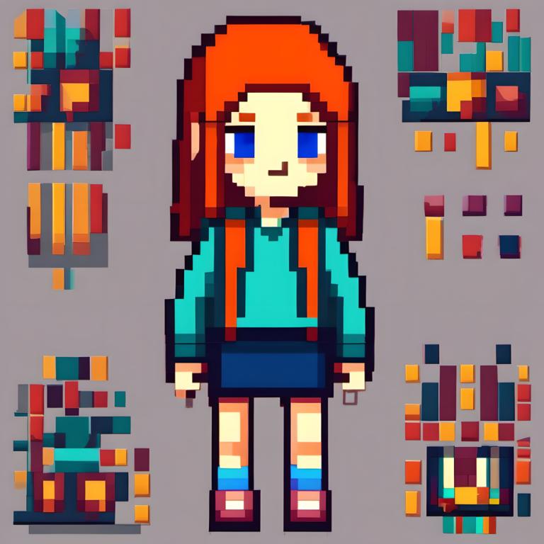 Pixel Kunst,Pixel Kunst, Menschen, Mädchen, 1Mädchen, blaue Augen, Farbführer, Solo, Rock, grauer Hintergrund