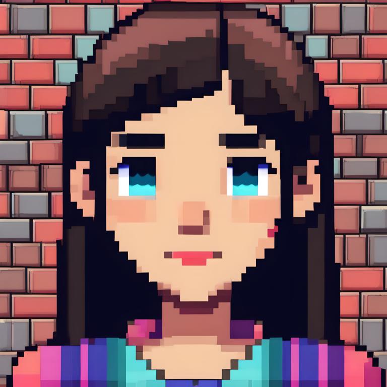 Pixel Kunst,Pixel Kunst, Menschen, Mädchen, Solo, Ziegelwand, blaue Augen, 1Mädchen, braune Haare