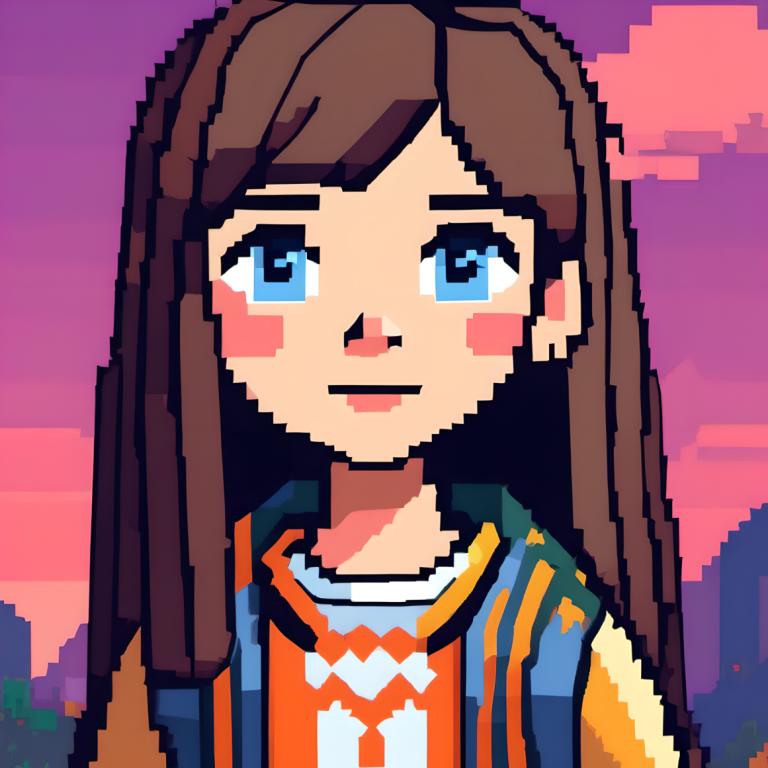 Pixel Art,Pixel Art, People, girl, 1girl, solo, long hair, brown hair, blue eyes, jacket, shirt, smile