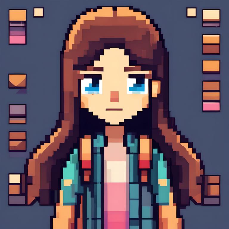 Pixel Kunst,Pixel Kunst, Menschen, Mädchen, Hemd, Solo, blaue Augen, braune Haare, 1Mädchen, lange Haare