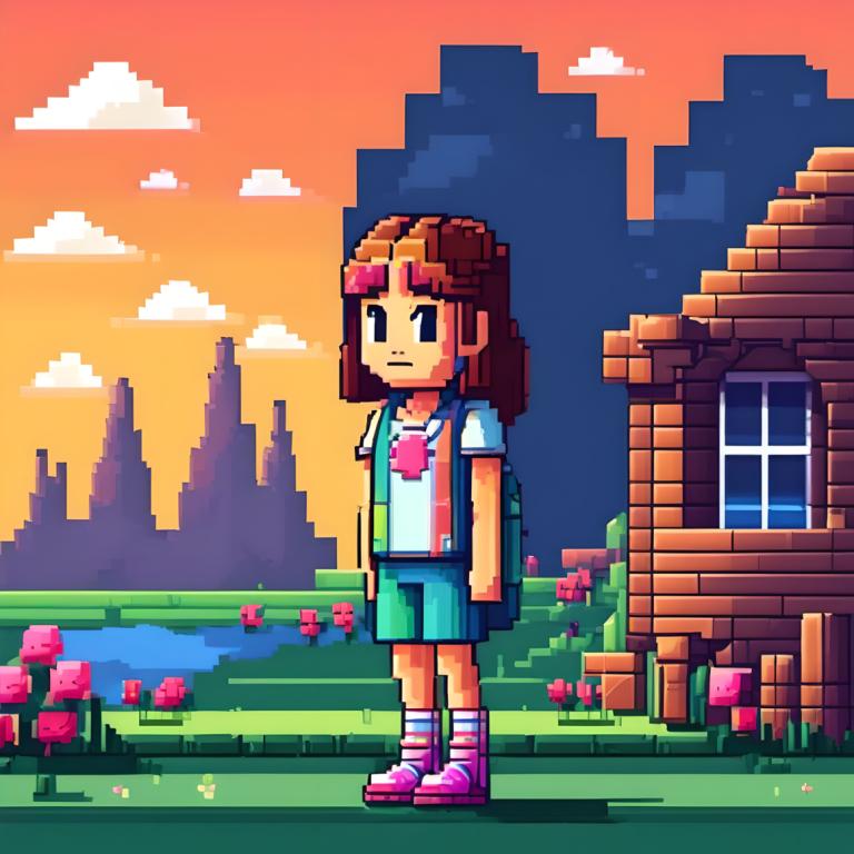 Pixel Art,Pixel Art, People, girl, 1girl, solo, brown hair, flower, shirt, sunset, cloud, pink footwear