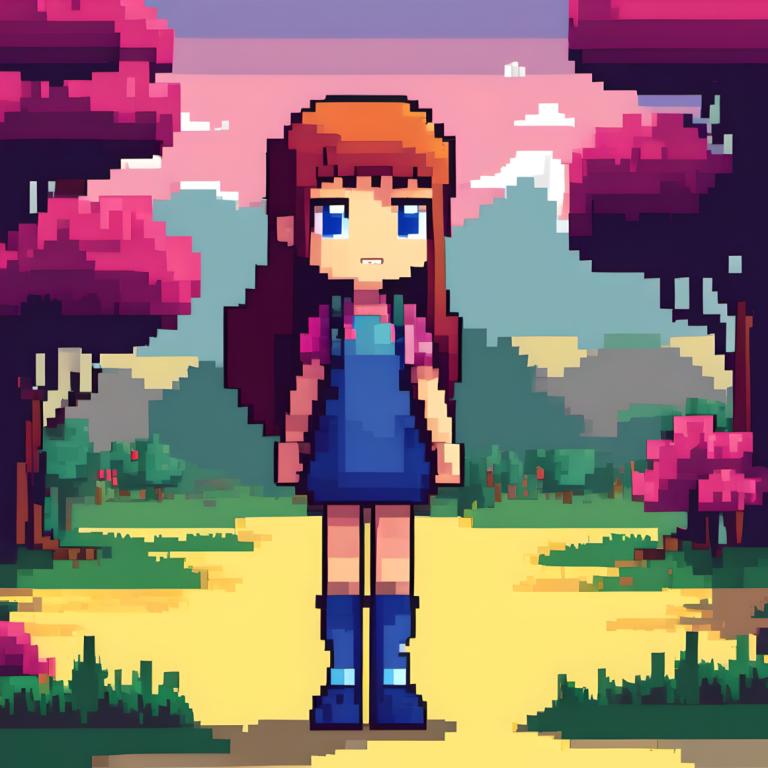 Pixel Art,Pixel Art, People, girl, 1girl, solo, brown hair, blue eyes, long hair, outdoors, shirt, standing