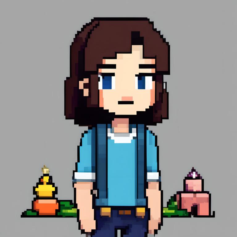 Pixel Art,Pixel Art, People, girl, brown hair, shirt, 1boy, blue eyes, solo, grey background, facial hair