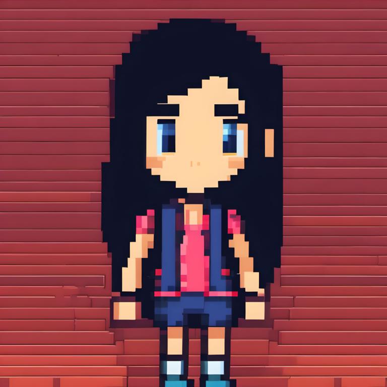 Pixel Art,Pixel Art, People, girl, solo, 1girl, long hair, black hair, blue eyes, shirt, chibi, shorts